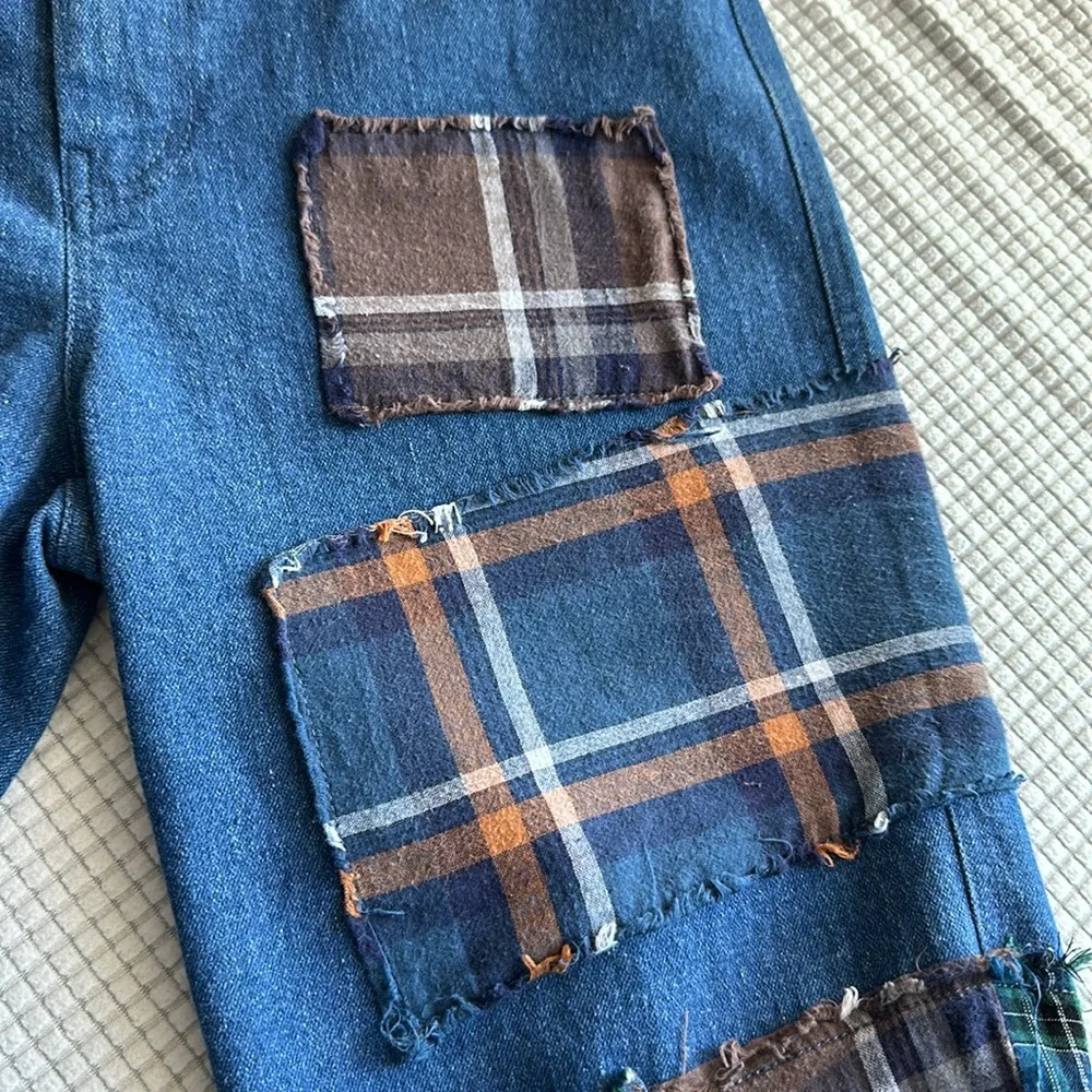 Dolls Kill Blue Plaid Patchwork Flare Pants - Picture 5 of 12